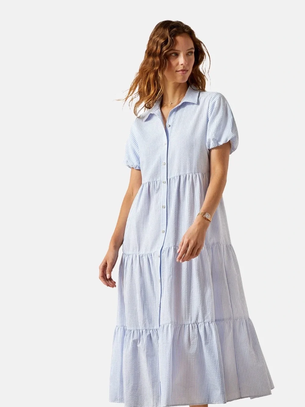 Ariat Countryside Blue Seersucker Tiered Midi Dress Cottagecore Size Large - Picture 2 of 11